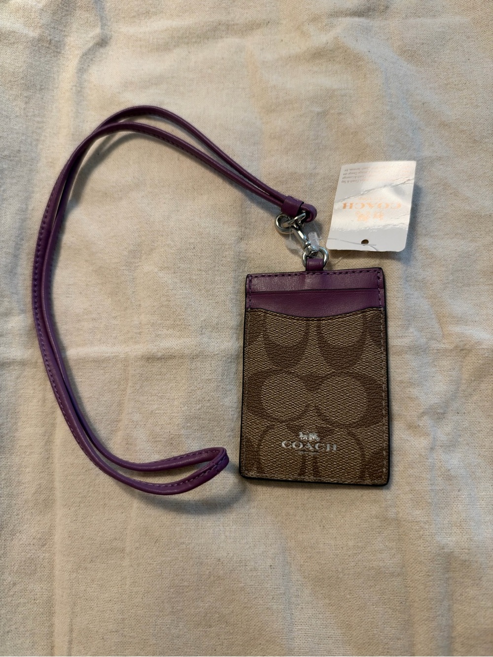 Coach Brown Signature Card Holder Lanyard with Purple Trim